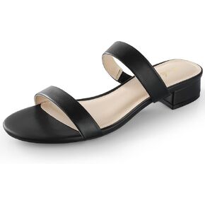 Ankis Women Black Heels Sandals-1 Inch Heels for Women Comfortable Black Chunky Heels Strappy Short Low Heels Dressy Two Strap Open Toe Heels Wedding Summer Flat Heels Sandals Shoe