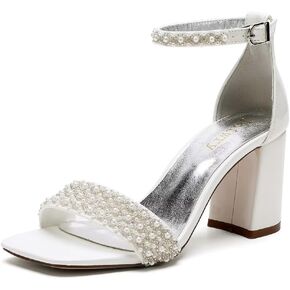 Block Heel Wedding Sandals Pearl Wedding Shoes Square Open Toe Wedding Chunky Heels Bridal Shoes