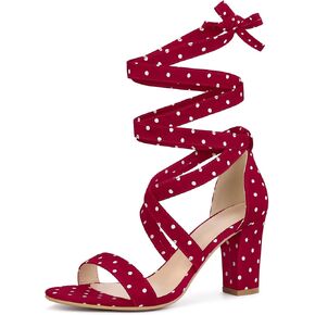 Allegra K Women's Polka Dots Strappy Heels Lace Up Chunky Heels Sandals