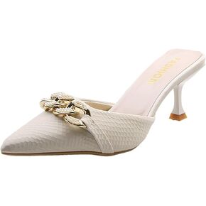 Women's Pointed Toe Kitten Heels Mule Sandals,Slip On Metal Decoration Mules Slides Backless Dress Sandals Sexy Party Pumps