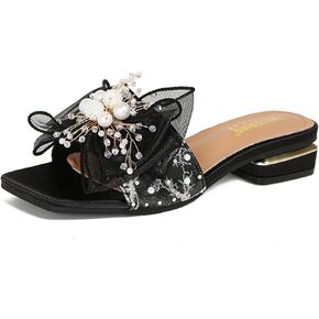 Women'S Square Open Toe Lace Bow Flat Sandals with Pearl Decor Slip on Summer Fashion Comfy Dressy Slide Sandals Outdoor Cork Foot Bed Beach Walking Slippers in Kuwait