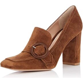 حذاء YDN نسائي بكعب عالٍ مكتنز ومقدمة مربعة بدون كعب سهل الارتداء للمكتب من الجلد السويدي مع إبزيم in Kuwait