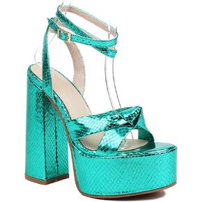 صنادل نسائية لامعة بمنصة عالية صنادل متقاطعة وكعب مكتنز ومقدمة مفتوحة وكعب للحفلات صنادل خضراء in Kuwait