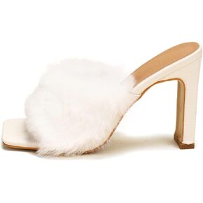 المرأة فو الفراء الانزلاق على اصبع القدم مربعة كعب مكتنز الشرائح عالية الكعب الصنادل البغال أحذية الحفلات in Kuwait