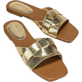 GORGLITTER Women's Gold Flat Sandals Metallic Cross Strappy Cut Out Open Toe Slip On Slides Shoes