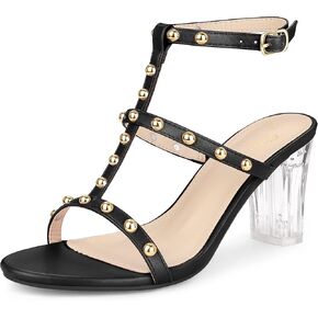 Perphy Rivets Heel Slingback T-Strap Chunky Clear Heels Studded Sandals for Women