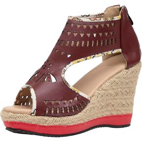getmorebeauty Women's Hollow Boho Wedge Sandals Open Toe Back Zipper High Heel Platform Dress Shoes