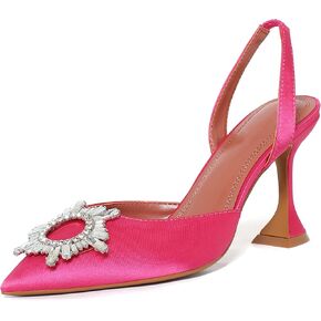 Women's Slingback Pumps Casual Satin Shoes Crystal Pointed Toe Backless Heels Elastic Strap Stiletto High Heeled Sandals