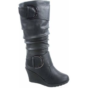 TOP Moda Pure-65 Women's Fashion Round Toe Slouch Buckle Wedge Mid Calf Boot Shoes