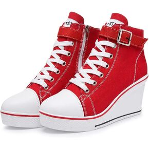 Mei MACLEOD Wedge Heel Sneaker for Women High Heel Sneaker Side Zipper/Lace Up Canvas Shoes for Ladies College Students