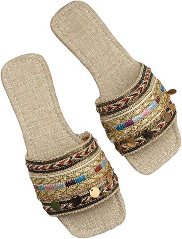 GORGLITTER Women's Embroidered Slip On Flat Sandals Square Open Toe Slide Sandals in Saudi Arabia