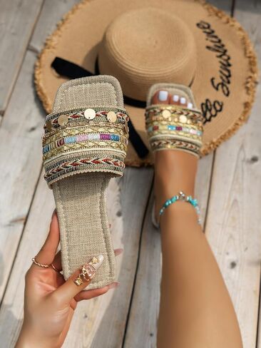 GORGLITTER Women's Embroidered Slip On Flat Sandals Square Open Toe Slide Sandals in Saudi Arabia