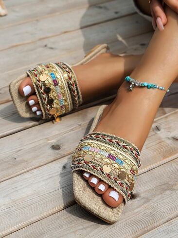 GORGLITTER Women's Embroidered Slip On Flat Sandals Square Open Toe Slide Sandals in Saudi Arabia