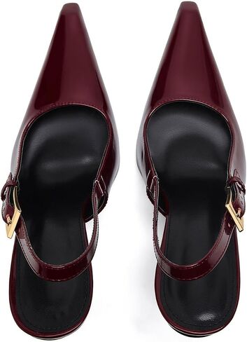 Slingback Pointed Closed Toe Stiletto Heels Sandal for Women,Women's Basic Classic Patent Leather Metal Buckle Pumps Backless Ankle Slip-on Buckle Strap Mid High Heels Banquet Dress Shoes in Saudi Arabia