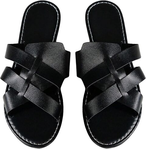 GORGLITTER Women's Cut Out Cross Strap Flats Beach Shoes Open Toe Pu Leather Solid Slide Sandals in Saudi Arabia