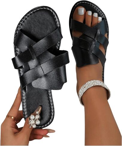 GORGLITTER Women's Cut Out Cross Strap Flats Beach Shoes Open Toe Pu Leather Solid Slide Sandals in Saudi Arabia