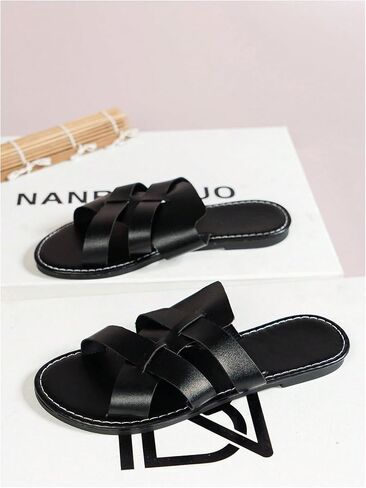 GORGLITTER Women's Cut Out Cross Strap Flats Beach Shoes Open Toe Pu Leather Solid Slide Sandals in Saudi Arabia