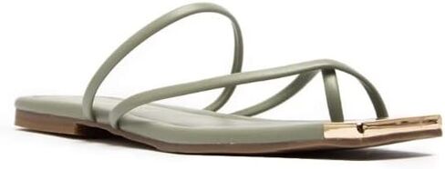 Qupid ASTER Sage and Gold SLIDE SANDALS SLIP ON FLAT SANDALS مفتوح من الأمام، أحذية صيفية غير رسمية بمقدمة مربعة in Kuwait