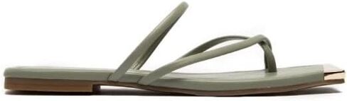 Qupid ASTER Sage and Gold SLIDE SANDALS SLIP ON FLAT SANDALS مفتوح من الأمام، أحذية صيفية غير رسمية بمقدمة مربعة in Kuwait