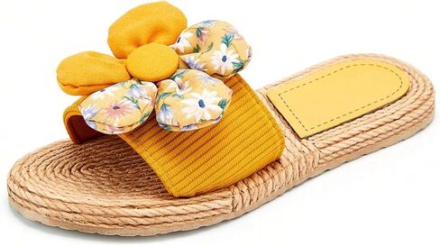 GORGLITTER Women's Flower Summer Flat Sandals Beach Linen Slippers Non-slip Casual Slides Sandals in Saudi Arabia