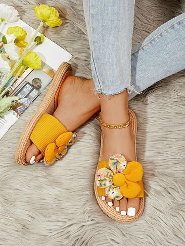 GORGLITTER Women's Flower Summer Flat Sandals Beach Linen Slippers Non-slip Casual Slides Sandals in Saudi Arabia