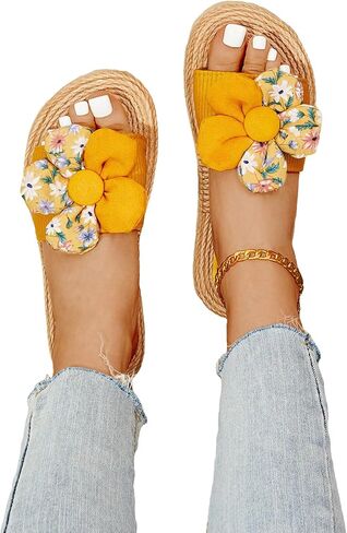 GORGLITTER Women's Flower Summer Flat Sandals Beach Linen Slippers Non-slip Casual Slides Sandals in Saudi Arabia