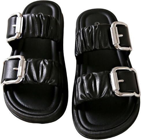 OYOANGLE Women's Two Straps Open Toe Adjustable Buckle Ruched Sandals Solid Plain Non Slip Flat Sandals in Saudi Arabia
