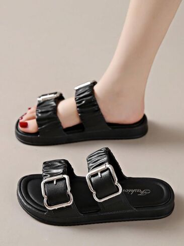 OYOANGLE Women's Two Straps Open Toe Adjustable Buckle Ruched Sandals Solid Plain Non Slip Flat Sandals in Saudi Arabia
