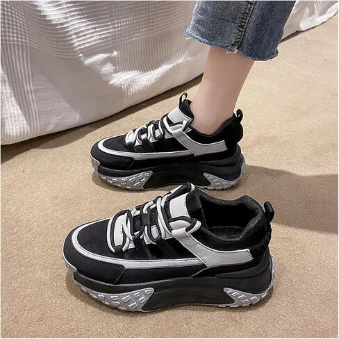 Women's Leather Platform Fashion Sneakers Comfortable Low Top Wedgel Heel Lace Up Dad Shoes Lug Sole Breathable Casual Running Shoes in Saudi Arabia
