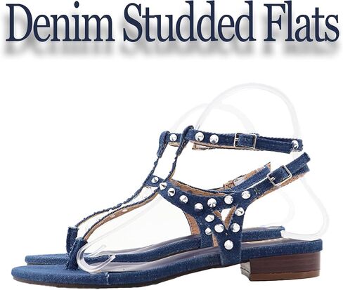 Women's Studded Denim With Ankle Strap Flip Flop Sandals Summer Comfortable Clip Toe Flats for Summer Beach Oceanside Holiday Outdoor in Saudi Arabia