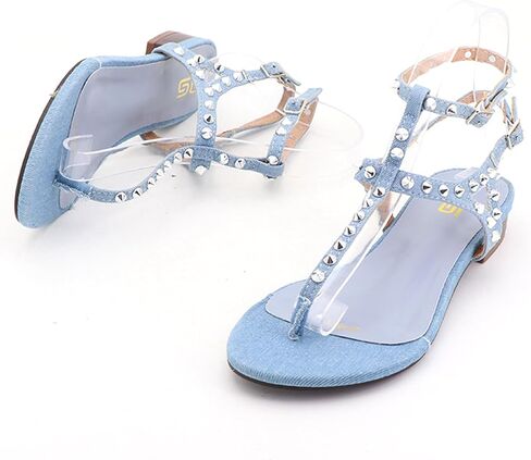 Women's Studded Denim With Ankle Strap Flip Flop Sandals Summer Comfortable Clip Toe Flats for Summer Beach Oceanside Holiday Outdoor in Saudi Arabia