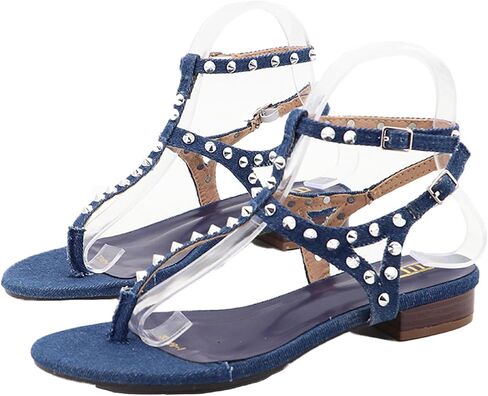 Women's Studded Denim With Ankle Strap Flip Flop Sandals Summer Comfortable Clip Toe Flats for Summer Beach Oceanside Holiday Outdoor in Saudi Arabia