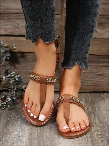 SweatyRocks Women's Pu Leather Chain Strap Flip Flop Thong Sandals Summer Flat Sandals in Saudi Arabia