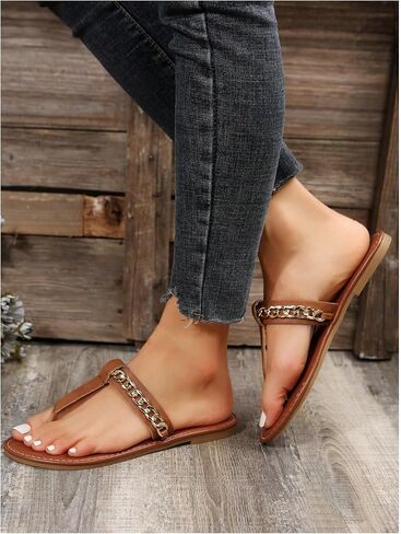 SweatyRocks Women's Pu Leather Chain Strap Flip Flop Thong Sandals Summer Flat Sandals in Saudi Arabia