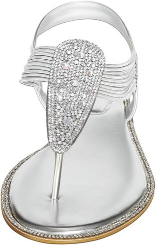 صنادل نسائية مسطحة من حجر الراين اللامع من SheSole، أحذية زفاف عروس الشاطئ باللون الفضي in Kuwait