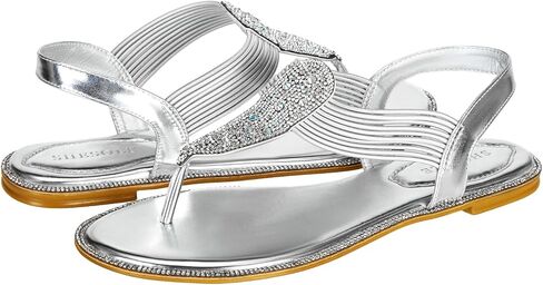 صنادل نسائية مسطحة من حجر الراين اللامع من SheSole، أحذية زفاف عروس الشاطئ باللون الفضي in Kuwait