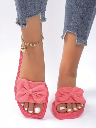 OYOANGLE Women's Bow Decor Flat Sandals Single Strap Open Toe Slippers Square Toe Solid Slide Sandals in Saudi Arabia