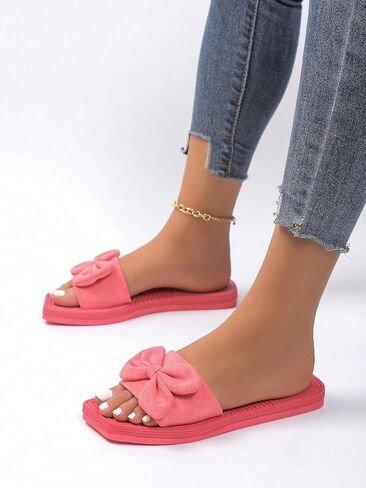 OYOANGLE Women's Bow Decor Flat Sandals Single Strap Open Toe Slippers Square Toe Solid Slide Sandals in Saudi Arabia