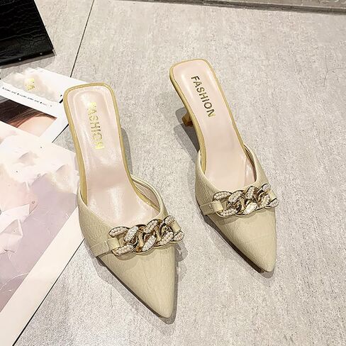 Women's Pointed Toe Kitten Heels Mule Sandals,Slip On Metal Decoration Mules Slides Backless Dress Sandals Sexy Party Pumps in Saudi Arabia