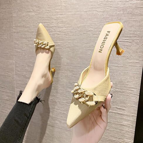 Women's Pointed Toe Kitten Heels Mule Sandals,Slip On Metal Decoration Mules Slides Backless Dress Sandals Sexy Party Pumps in Saudi Arabia