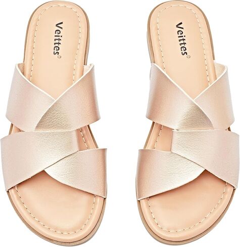 صنادل Veittes النسائية المسطحة - أحذية صيفية مسطحة مريحة كاجوال بأربطة مزدوجة متقاطعة. (2307026،GD/MF،8.5) in Kuwait
