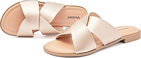 صنادل Veittes النسائية المسطحة - أحذية صيفية مسطحة مريحة كاجوال بأربطة مزدوجة متقاطعة. (2307026،GD/MF،8.5) in Kuwait
