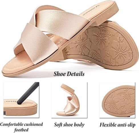 صنادل Veittes النسائية المسطحة - أحذية صيفية مسطحة مريحة كاجوال بأربطة مزدوجة متقاطعة. (2307026،GD/MF،8.5) in Kuwait