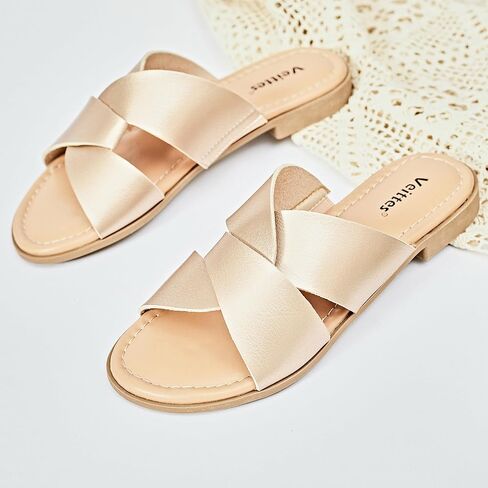 صنادل Veittes النسائية المسطحة - أحذية صيفية مسطحة مريحة كاجوال بأربطة مزدوجة متقاطعة. (2307026،GD/MF،8.5) in Kuwait