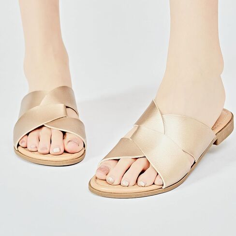 صنادل Veittes النسائية المسطحة - أحذية صيفية مسطحة مريحة كاجوال بأربطة مزدوجة متقاطعة. (2307026،GD/MF،8.5) in Kuwait