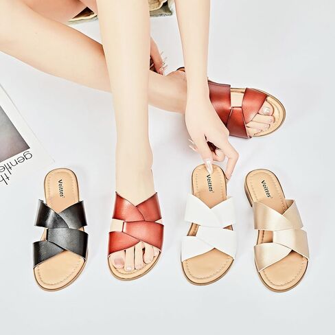 صنادل Veittes النسائية المسطحة - أحذية صيفية مسطحة مريحة كاجوال بأربطة مزدوجة متقاطعة. (2307026،GD/MF،8.5) in Kuwait