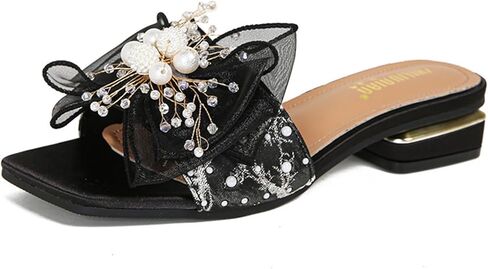 Women'S Square Open Toe Lace Bow Flat Sandals with Pearl Decor Slip on Summer Fashion Comfy Dressy Slide Sandals Outdoor Cork Foot Bed Beach Walking Slippers in Kuwait