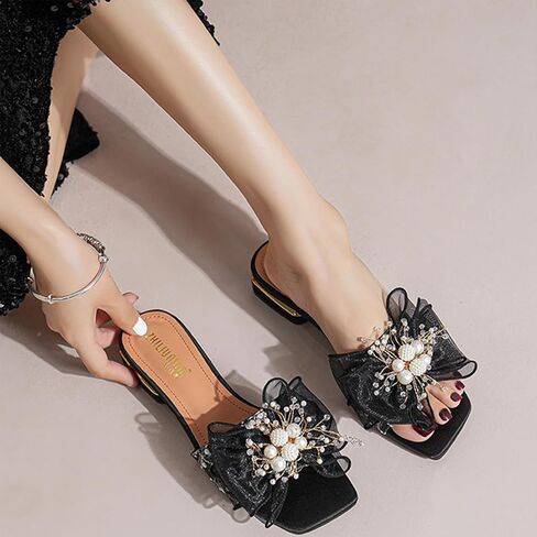 Women'S Square Open Toe Lace Bow Flat Sandals with Pearl Decor Slip on Summer Fashion Comfy Dressy Slide Sandals Outdoor Cork Foot Bed Beach Walking Slippers in Kuwait