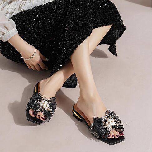 Women'S Square Open Toe Lace Bow Flat Sandals with Pearl Decor Slip on Summer Fashion Comfy Dressy Slide Sandals Outdoor Cork Foot Bed Beach Walking Slippers in Kuwait