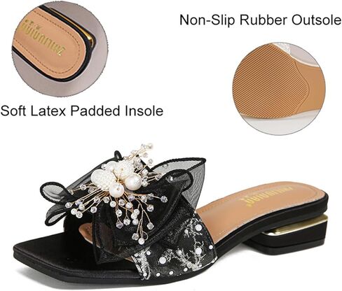 Women'S Square Open Toe Lace Bow Flat Sandals with Pearl Decor Slip on Summer Fashion Comfy Dressy Slide Sandals Outdoor Cork Foot Bed Beach Walking Slippers in Kuwait
